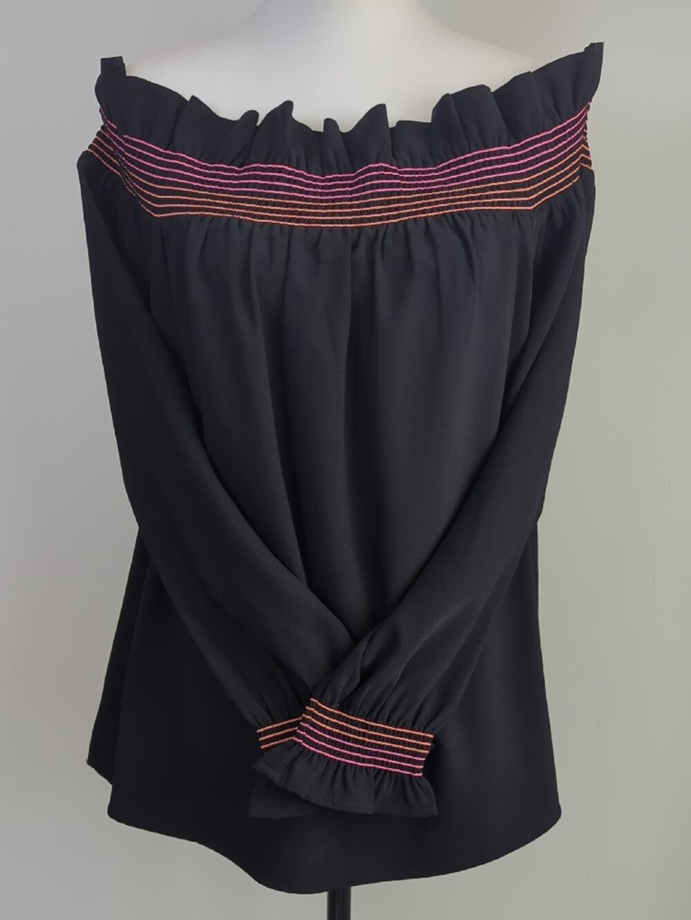 Crown & Ivy Black Smocked Off The Shoulder Long Sleeve Peasant Blouse XL
